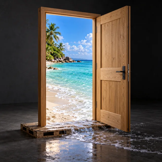 An open wooden door leading to a sunlit tropical beach