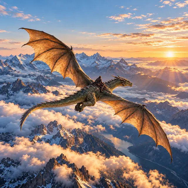 A living dragon soaring above sunlit mountains and clouds
