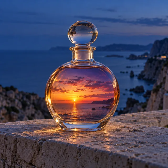 A glass bottle holding a brilliant sunset above a coastal evening